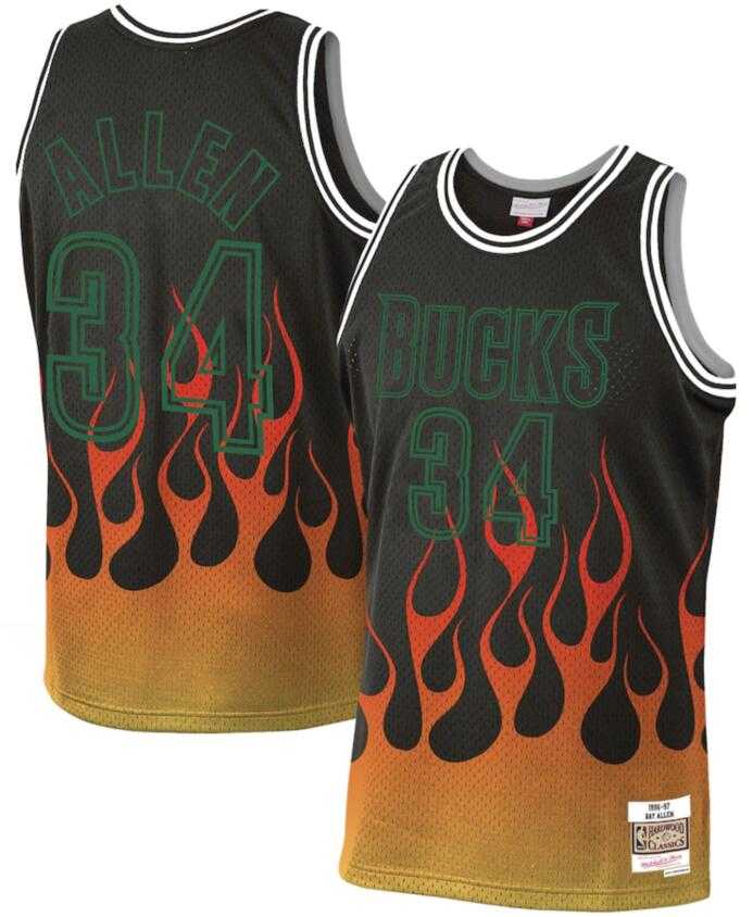 Bucks 34 Ray Allen Black 1996-97 Hardwood Classics Flames Swingman Jersey Dzhi,We sell and wholesale Bucks 34 Ray Allen Black 1996-97 Hardwood Classics Flames Swingman Jersey Dzhi on line form chian!